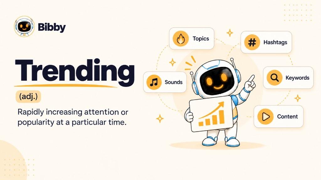 Infographic defining trending (adjective) as rapidly increasing attention or popularity at a particular time, with topics, hashtags, keywords, sounds, and content.