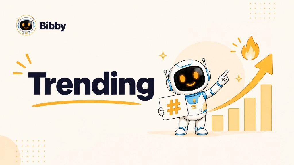 Bibby robot holding a hashtag card and pointing at a rising chart with a flame icon. Illustration of trending attention—not live analytics, guaranteed reach, or a Bibby trend-discovery dashboard.