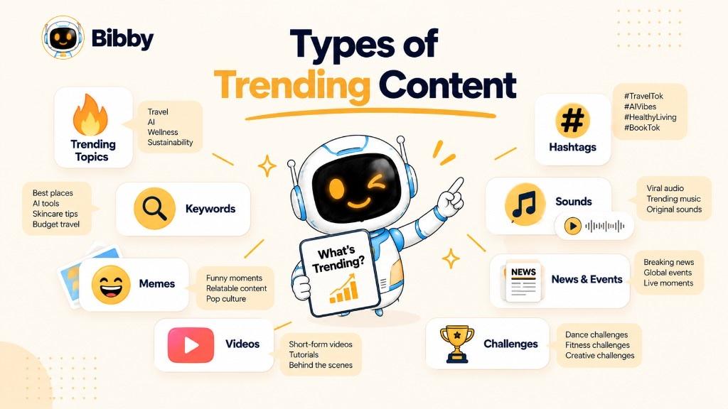 Infographic of types of trending content: topics, keywords, memes, videos, hashtags, sounds, news and events, and challenges.