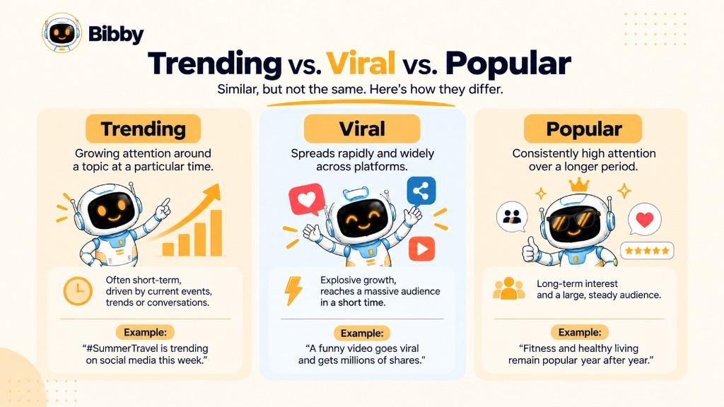 Infographic comparing trending vs viral vs popular: growing attention now, rapid wide spread, and consistently high attention over time.
