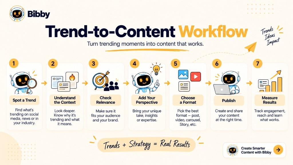 Infographic of a seven-step trend-to-content workflow: spot a trend, understand context, check relevance, add your perspective, choose a format, publish, then measure results.