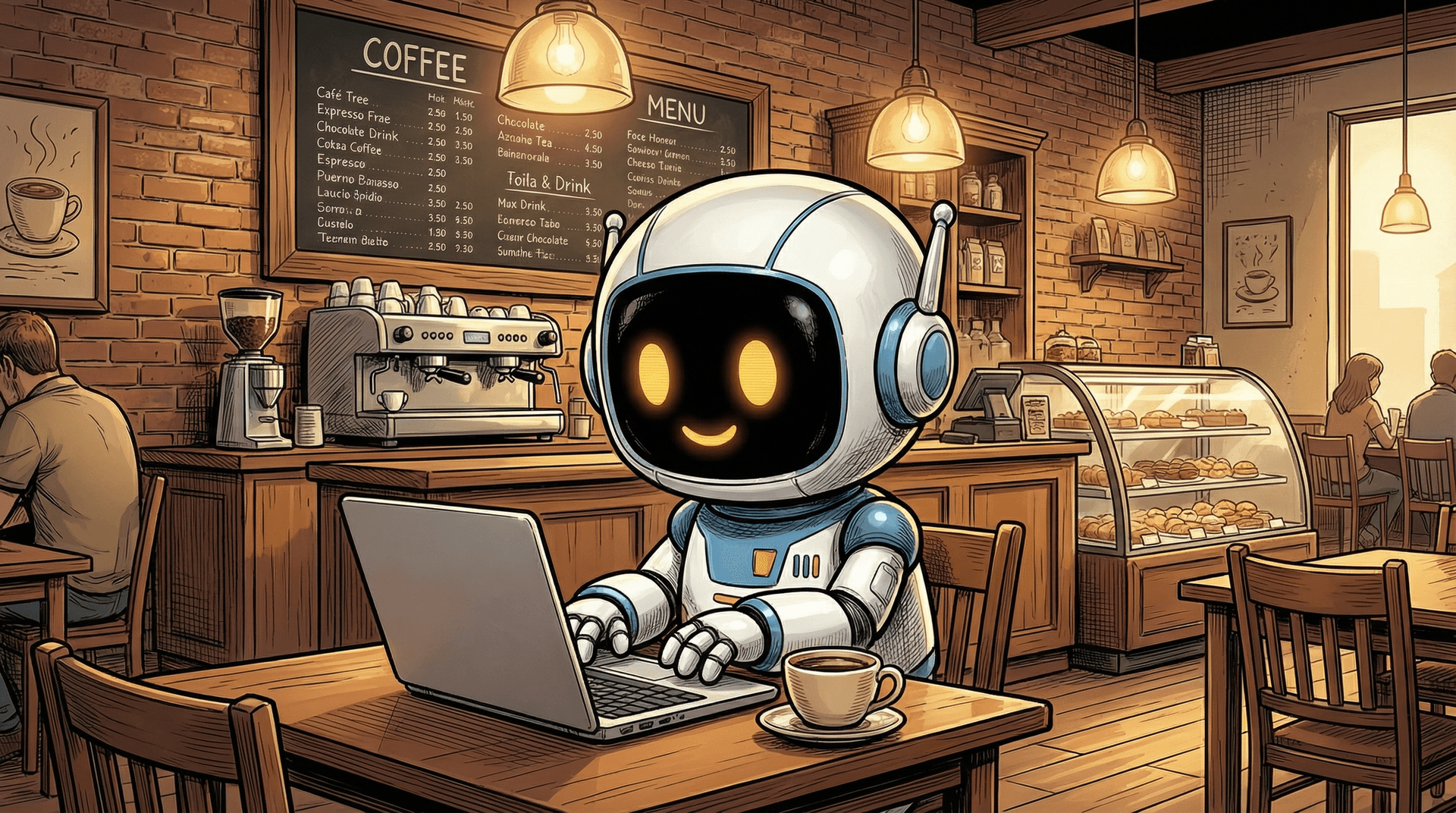Bibby AI working in a cozy coffee shop