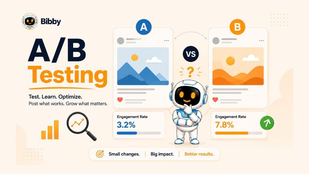 A/B testing concept illustration featuring a robot mascot comparing two social media posts: Version A with 3.2% engagement and Version B with 7.8% engagement, demonstrating data-driven optimization.