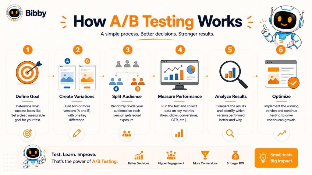 Infographic titled How A/B Testing Works by Bibby, showing a 6-step process: Define Goal, Create Variations, Split Audience, Measure Performance, Analyze Results, and Optimize.