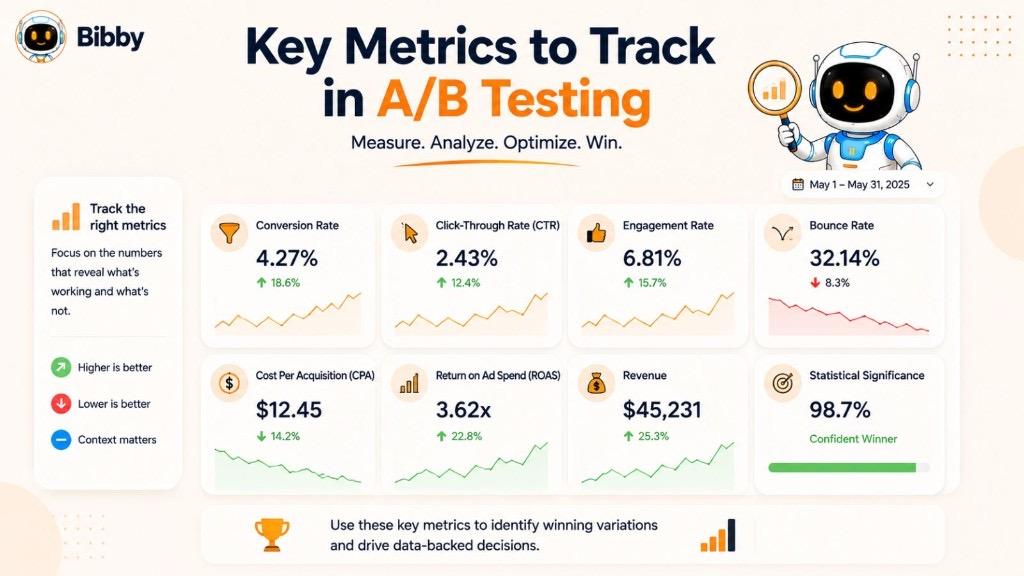 Infographic titled Key Metrics to Track in A/B Testing by Bibby, displaying a dashboard of KPIs including Conversion Rate, Click-Through Rate, Bounce Rate, CPA, ROAS, and Revenue.