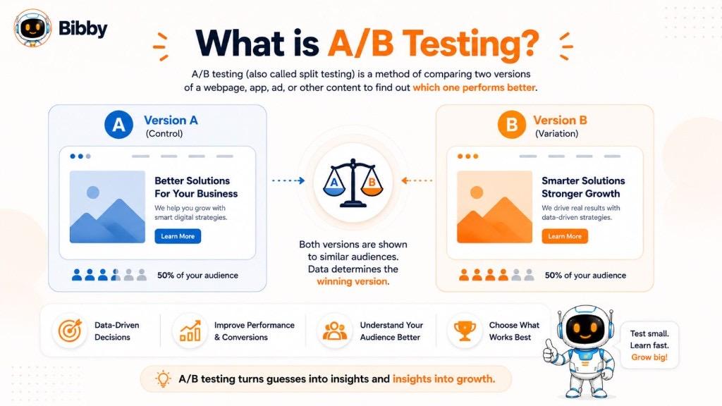 Comprehensive infographic by Bibby explaining A/B testing (split testing), showing Version A (control) vs Version B (variation) comparison with audience splitting and key benefits.