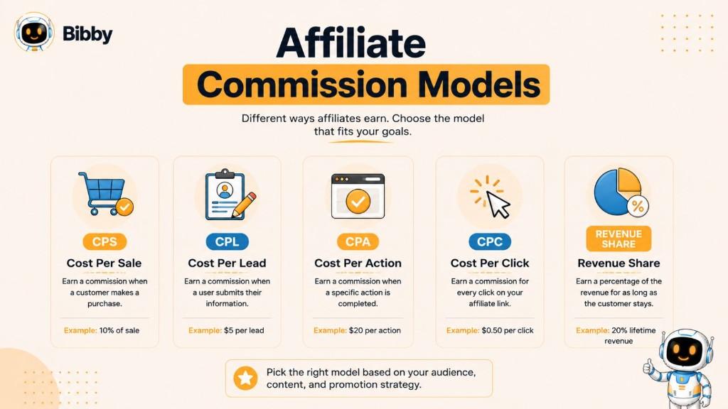 Infographic showing five affiliate commission models: Cost Per Sale (CPS), Cost Per Lead (CPL), Cost Per Action (CPA), Cost Per Click (CPC), and Revenue Share with definitions and examples.