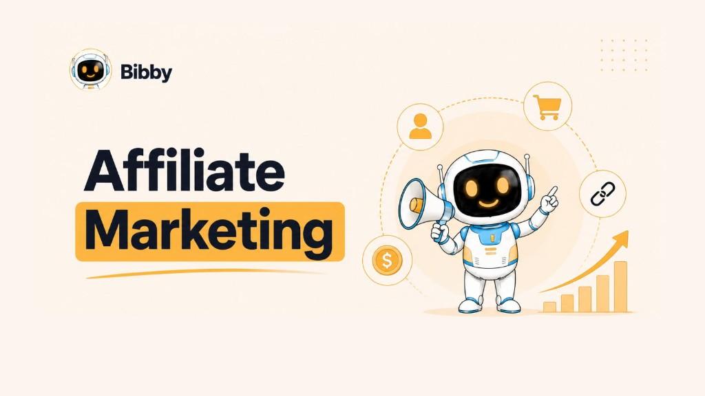 An illustrative hero image for Affiliate Marketing featuring a friendly blue and white robot mascot holding a megaphone and pointing to icons of a shopping cart, a link, a user, and a dollar coin, symbolizing the affiliate marketing process and growth.