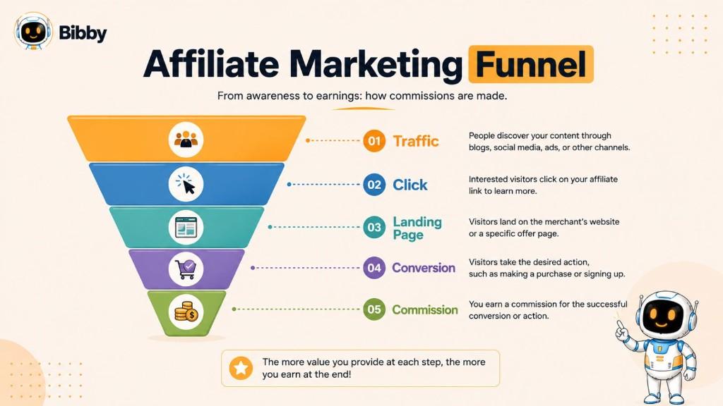 Infographic illustrating the 5-step Affiliate Marketing Funnel: Traffic, Click, Landing Page, Conversion, and Commission.