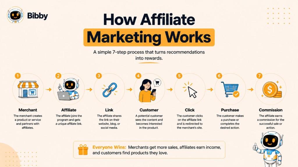 Infographic titled How Affiliate Marketing Works illustrating a 7-step process from merchant product creation to affiliate commission.