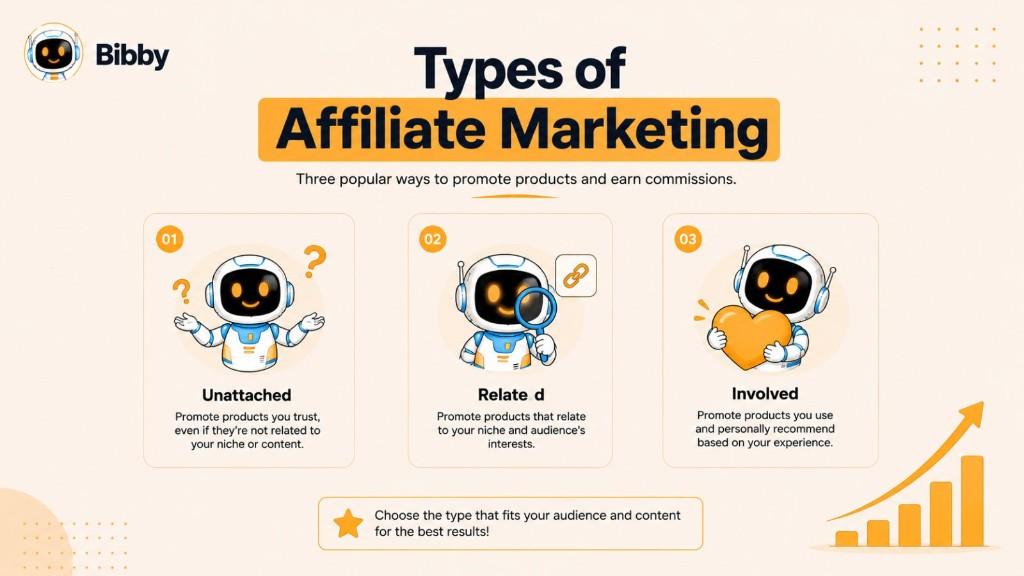 Infographic titled Types of Affiliate Marketing showing three categories: Unattached, Related, and Involved affiliate marketing strategies.
