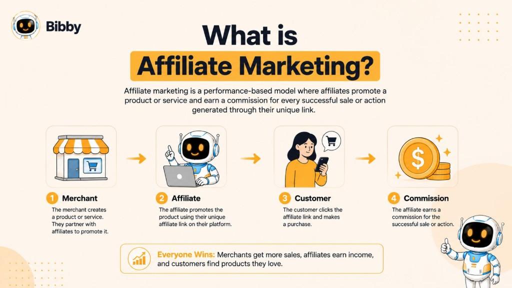 Infographic titled What is Affiliate Marketing showing a 4-step process involving a Merchant creating a product, an Affiliate promoting it, a Customer buying it, and the Affiliate earning a Commission.