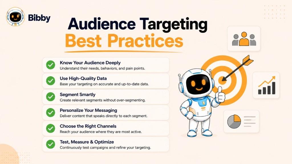 Infographic titled Audience Targeting Best Practices listing six tips: know your audience deeply, use high-quality data, segment smartly, personalize messaging, choose the right channels, and test, measure, and optimize.