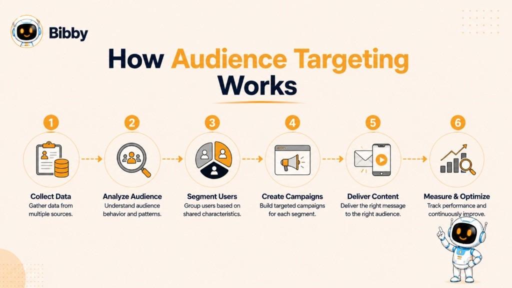 Infographic titled How Audience Targeting Works illustrating a six-step process: Collect Data, Analyze Audience, Segment Users, Create Campaigns, Deliver Content, and Measure and Optimize.