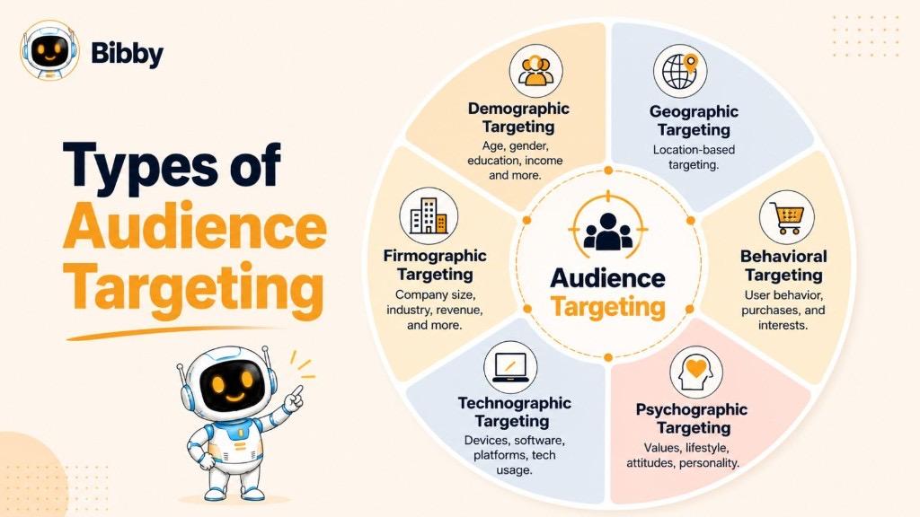 Infographic titled Types of Audience Targeting showing six categories: Demographic, Geographic, Behavioral, Psychographic, Technographic, and Firmographic targeting.