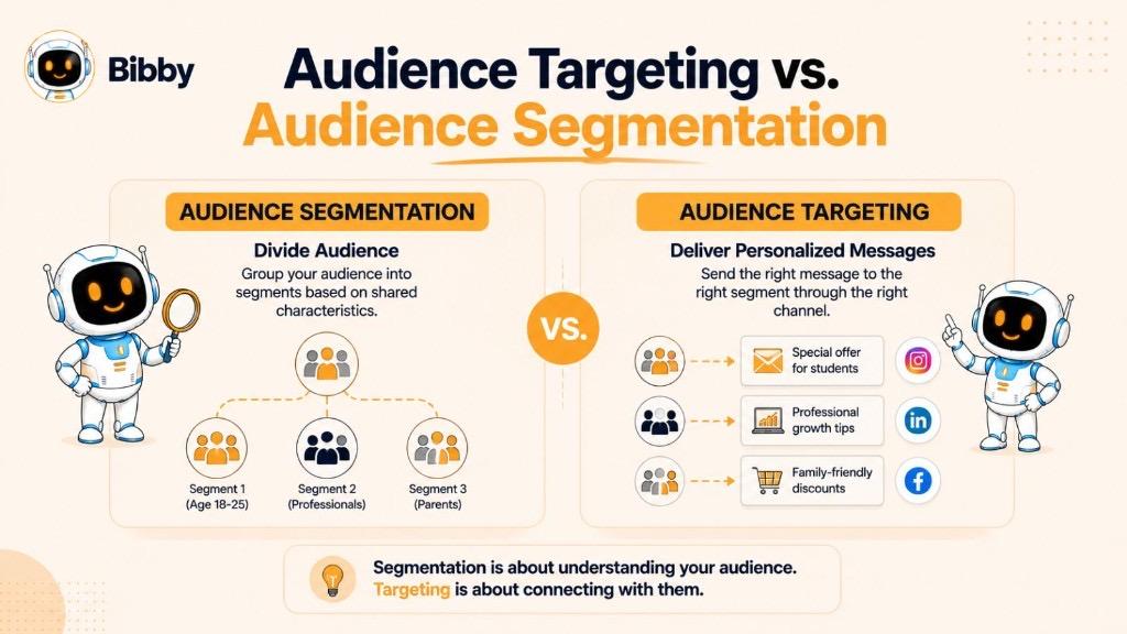 Infographic titled Audience Targeting vs. Audience Segmentation comparing segmentation (divide audience into groups) with targeting (deliver personalized messages to each segment through the right channel).