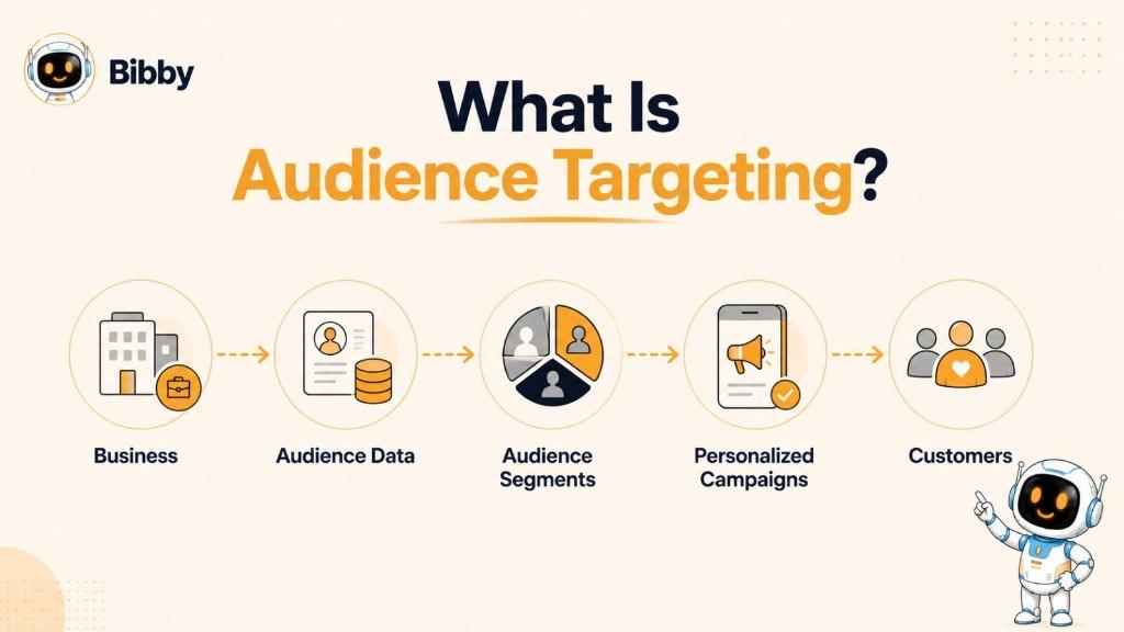 Infographic titled What Is Audience Targeting showing a five-step flow from Business to Audience Data, Audience Segments, Personalized Campaigns, and Customers.