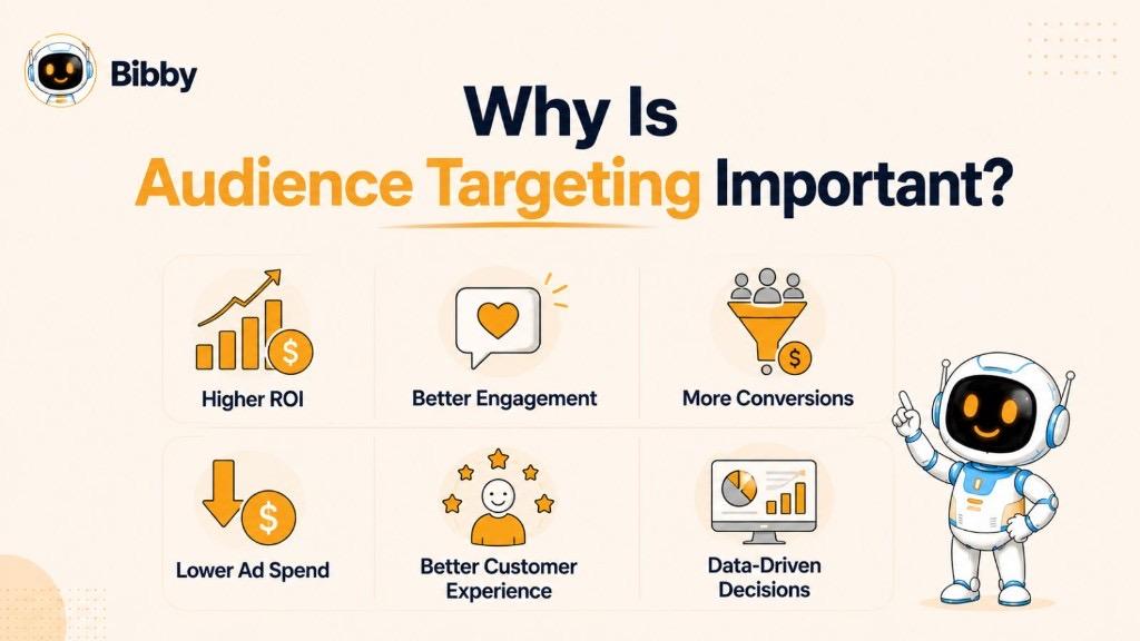 Infographic titled Why Is Audience Targeting Important showing six benefits: Higher ROI, Better Engagement, More Conversions, Lower Ad Spend, Better Customer Experience, and Data-Driven Decisions.