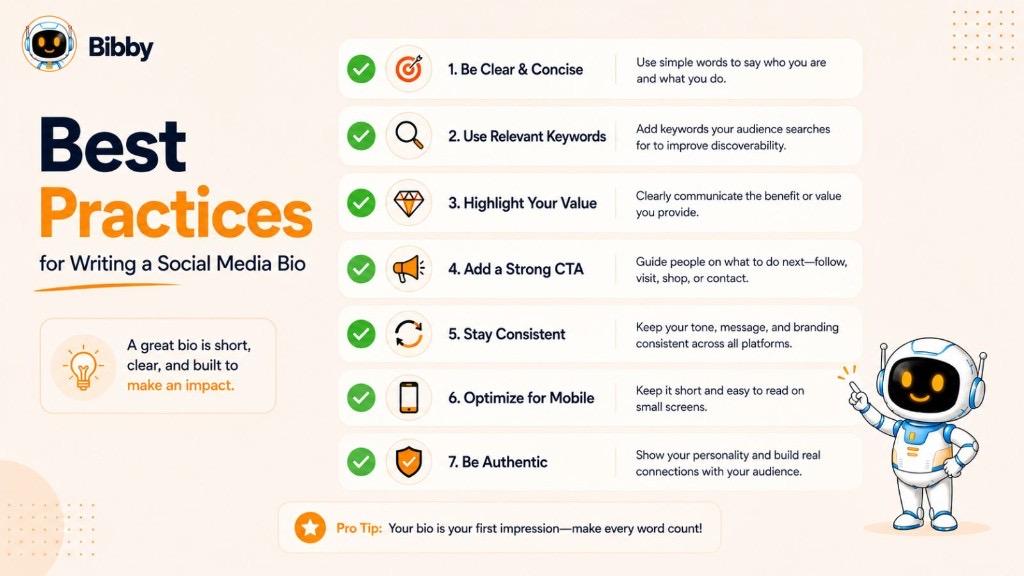 Infographic titled Best Practices for Writing a Social Media Bio listing seven tips: be clear and concise, use relevant keywords, highlight your value, add a strong CTA, stay consistent, optimize for mobile, and be authentic.