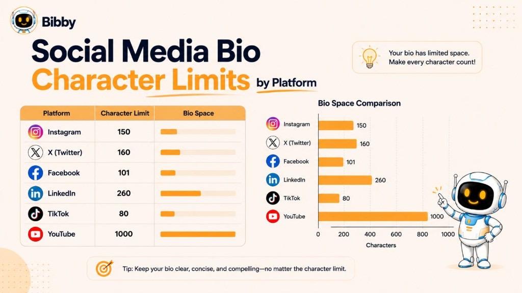Infographic titled Social Media Bio Character Limits by Platform showing Instagram 150, X 160, Facebook 101, LinkedIn 260, TikTok 80, and YouTube 1000 characters.
