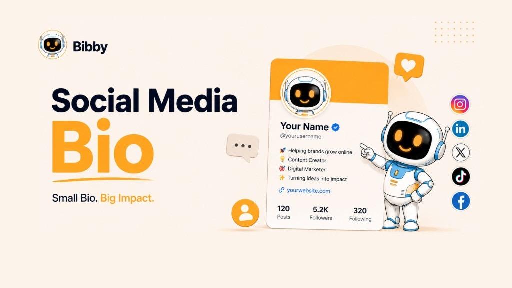 Bibby illustration of a social media profile card labeled Social Media Bio, showing a sample bio with emojis, website link, and follower stats, with the robot mascot pointing to the card beside Instagram, LinkedIn, X, TikTok, and Facebook icons.