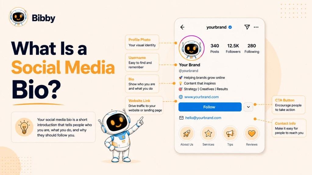 Infographic titled What Is a Social Media Bio showing a profile mockup with labeled elements including profile photo, username, bio text, website link, CTA button, and contact info.