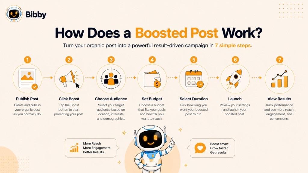 Infographic titled How Does a Boosted Post Work showing seven steps: publish post, click boost, choose audience, set budget, select duration, launch, and view results.
