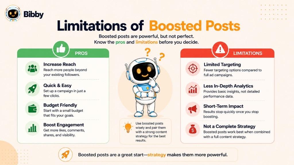 Infographic comparing pros and limitations of boosted posts, including increased reach and easy setup versus limited targeting, basic analytics, and short-term impact.