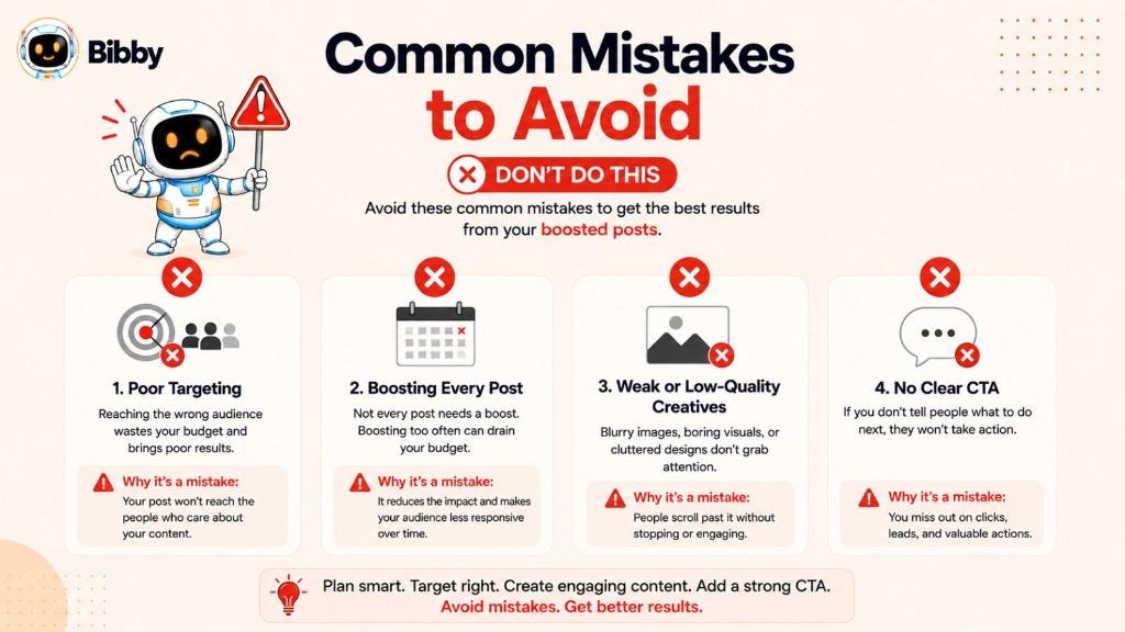 Infographic titled Common Mistakes to Avoid for boosted posts covering poor targeting, boosting every post, weak creatives, and no clear call to action.