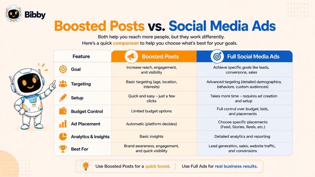 Comparison infographic Boosted Posts vs Social Media Ads covering goals, targeting, setup, budget control, placements, analytics, and best-use cases.