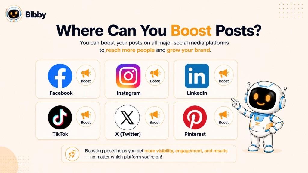 Infographic titled Where Can You Boost Posts showing Facebook, Instagram, LinkedIn, TikTok, X, and Pinterest with boost options to reach more people and grow your brand.