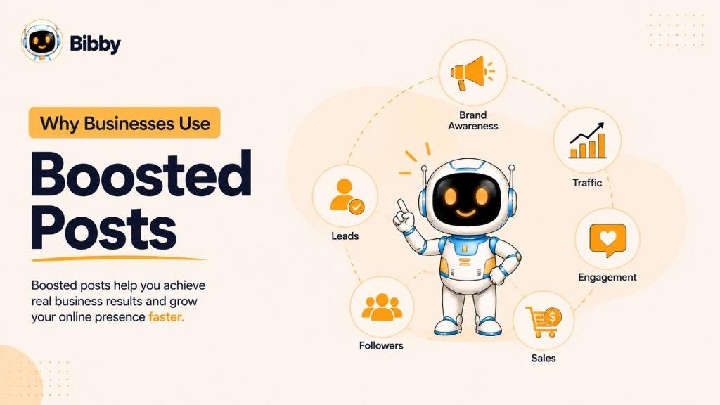 Infographic titled Why Businesses Use Boosted Posts showing six goals around brand growth: leads, followers, sales, engagement, traffic, and brand awareness.