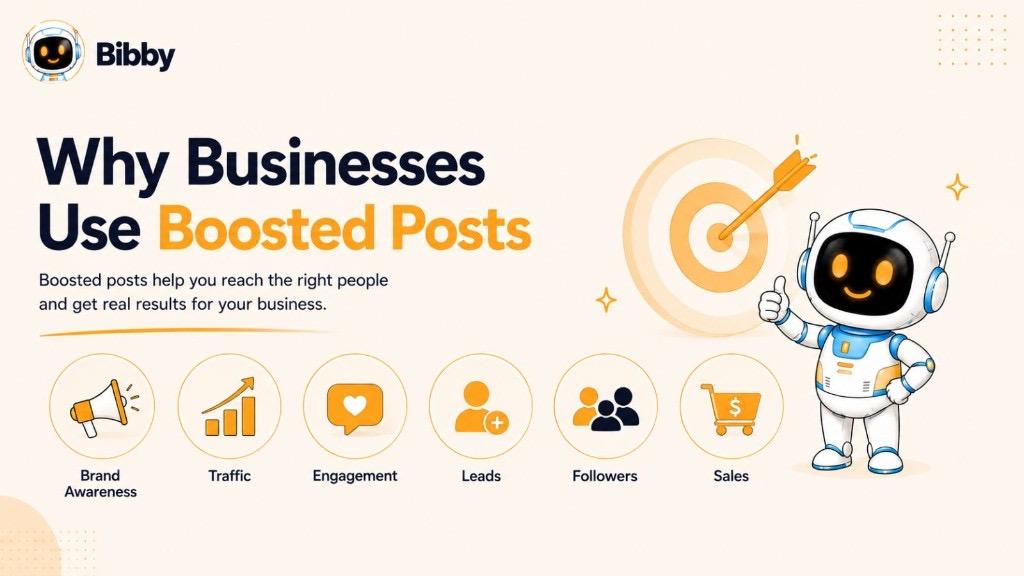 Infographic titled Why Businesses Use Boosted Posts highlighting brand awareness, traffic, engagement, leads, followers, and sales as key business results.