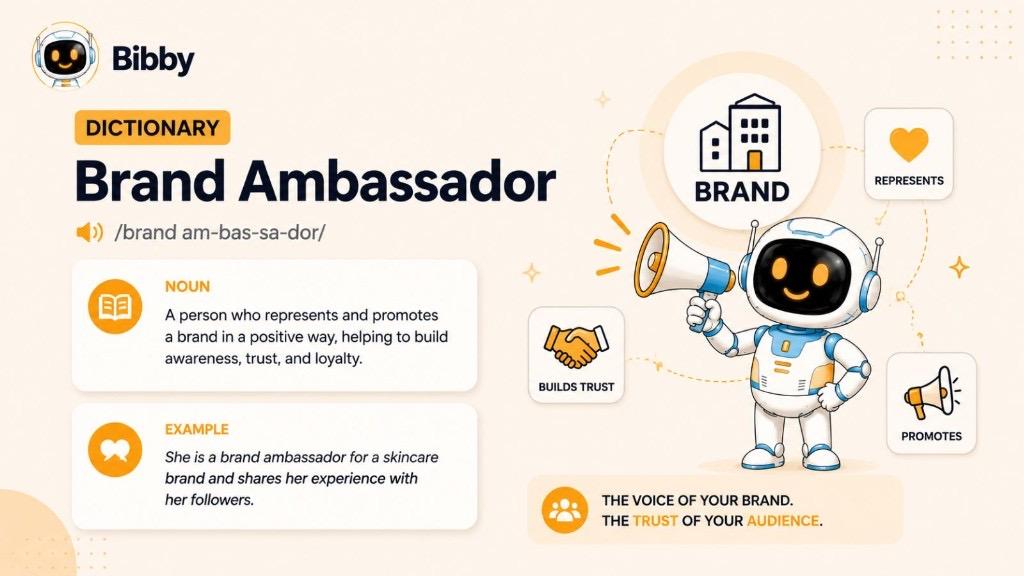 Infographic dictionary definition of Brand Ambassador as a noun, with pronunciation, example sentence, and roles: represents, promotes, and builds trust.