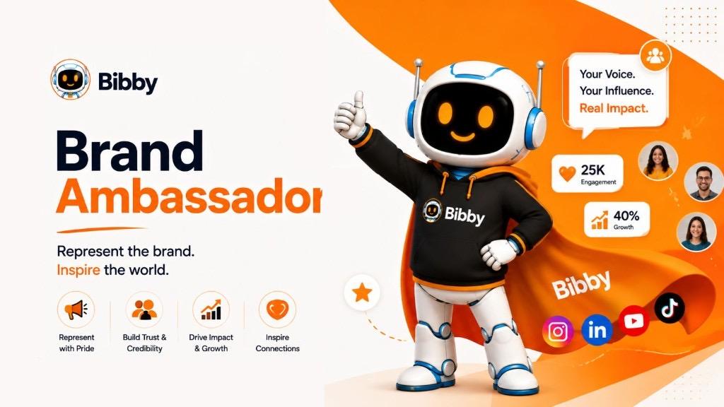 Bibby Brand Ambassador banner with the Bibby mascot in an orange cape giving a thumbs-up, pillars for represent with pride, build trust, drive impact, and inspire connections, plus Instagram, LinkedIn, YouTube, and TikTok icons.