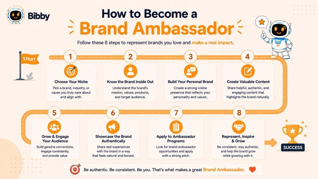Infographic titled How to Become a Brand Ambassador outlining eight steps from choosing a niche and building a personal brand to applying for programs and representing brands authentically.