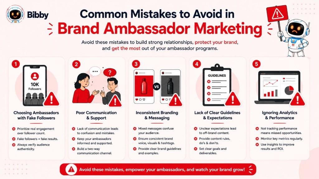 Infographic titled Common Mistakes to Avoid in Brand Ambassador Marketing covering fake followers, poor communication, inconsistent branding, unclear guidelines, and ignoring analytics.