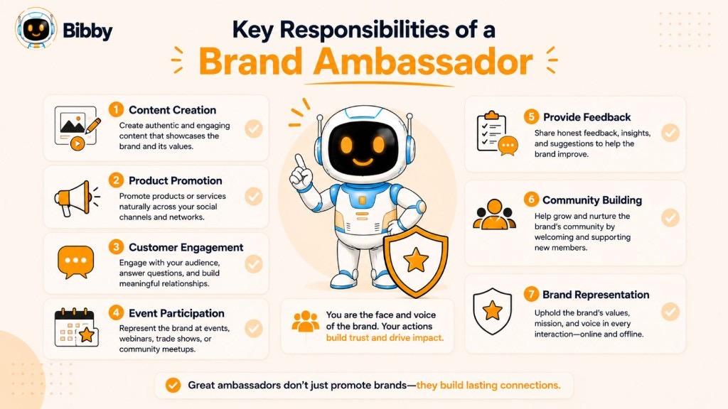 Infographic titled Key Responsibilities of a Brand Ambassador covering content creation, product promotion, customer engagement, events, feedback, community building, and brand representation.