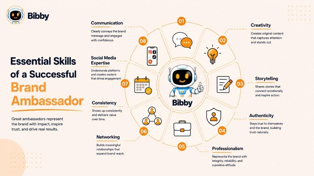 Infographic titled Essential Skills of a Successful Brand Ambassador covering communication, creativity, storytelling, authenticity, professionalism, networking, consistency, and social media expertise.