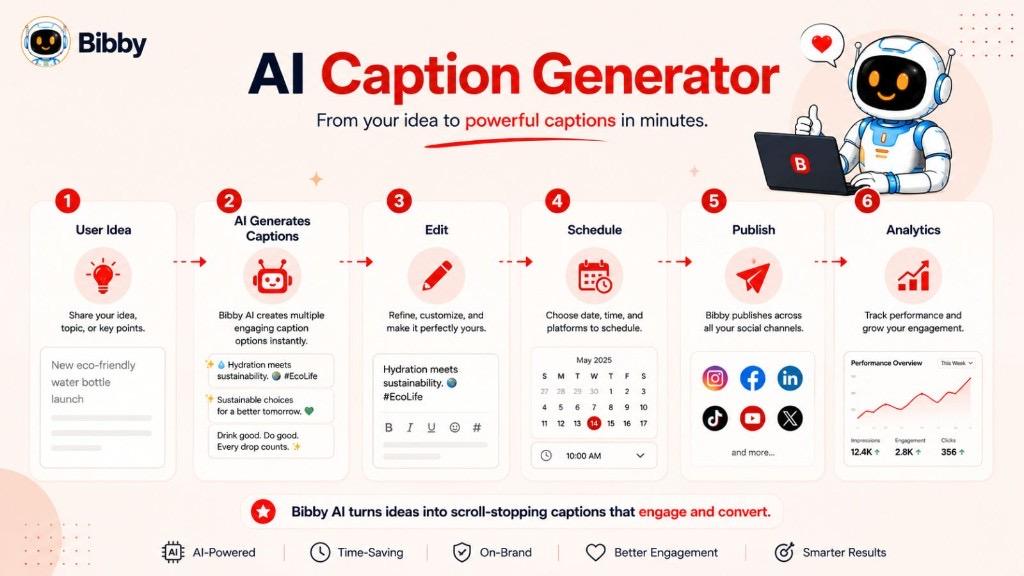 Infographic titled AI Caption Generator showing a six-step Bibby workflow from user idea through AI captions, edit, schedule, publish, and analytics.