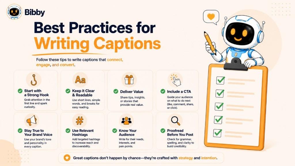 Infographic titled Best Practices for Writing Captions with eight tips including a strong hook, clear readability, value, CTA, brand voice, hashtags, audience focus, and proofreading.