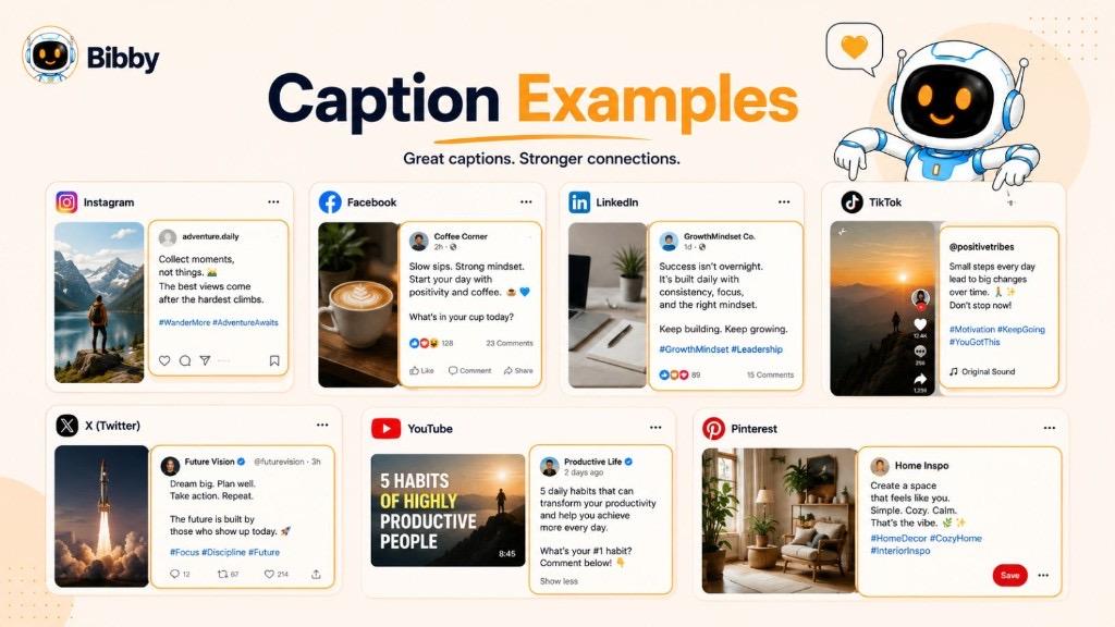 Infographic titled Caption Examples showing platform-specific sample captions for Instagram, Facebook, LinkedIn, TikTok, X, YouTube, and Pinterest.