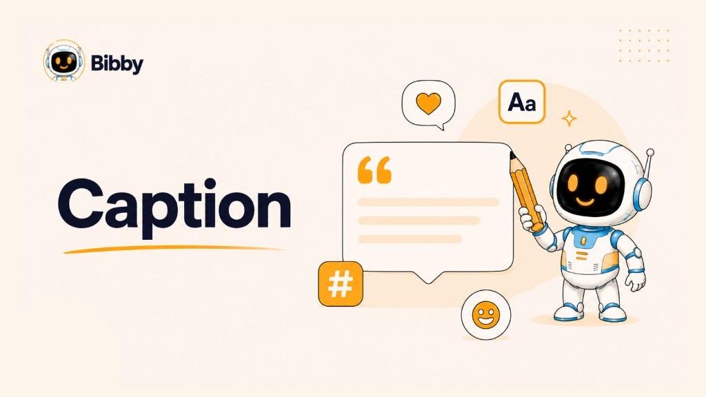Bibby robot writing a caption in a speech bubble with hashtag, heart, emoji, and text icons on a cream background.