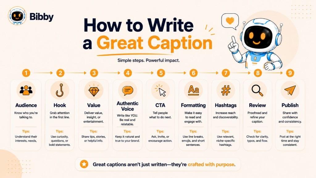 Infographic titled How to Write a Great Caption with nine steps: audience, hook, value, authentic voice, CTA, formatting, hashtags, review, and publish.