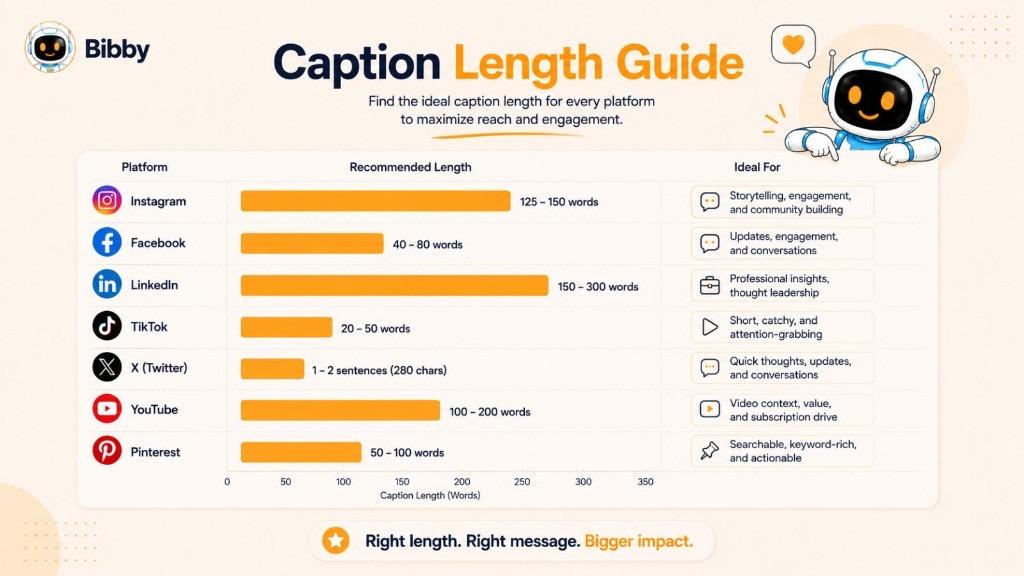 Infographic titled Caption Length Guide comparing recommended caption lengths for Instagram, Facebook, LinkedIn, TikTok, X, YouTube, and Pinterest.