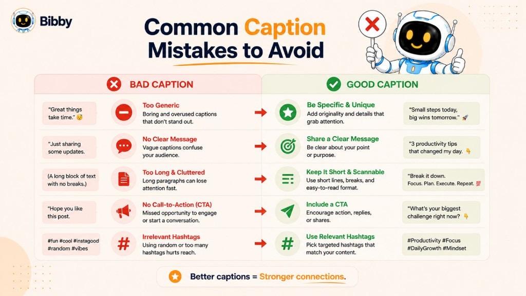 Infographic titled Common Caption Mistakes to Avoid comparing bad vs good captions for originality, clarity, formatting, CTAs, and hashtag use.