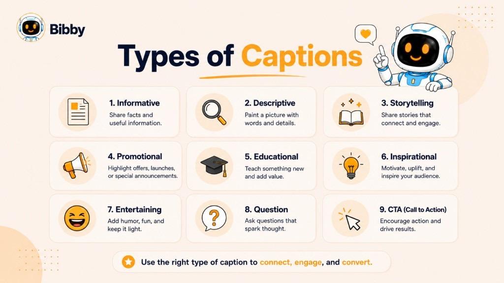 Infographic titled Types of Captions covering informative, descriptive, storytelling, promotional, educational, inspirational, entertaining, question, and CTA caption styles.