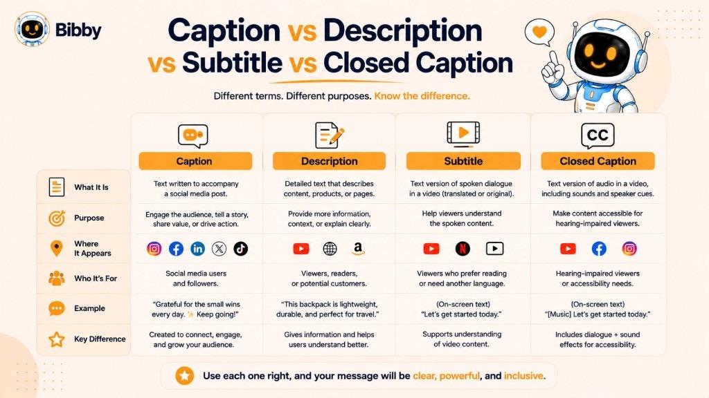 Comparison infographic Caption vs Description vs Subtitle vs Closed Caption explaining purpose, where each appears, who it's for, and key differences.