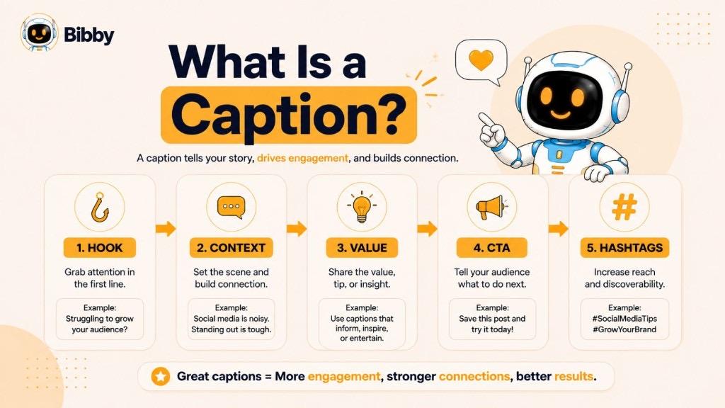Infographic titled What Is a Caption showing a five-part framework: hook, context, value, call to action, and hashtags.