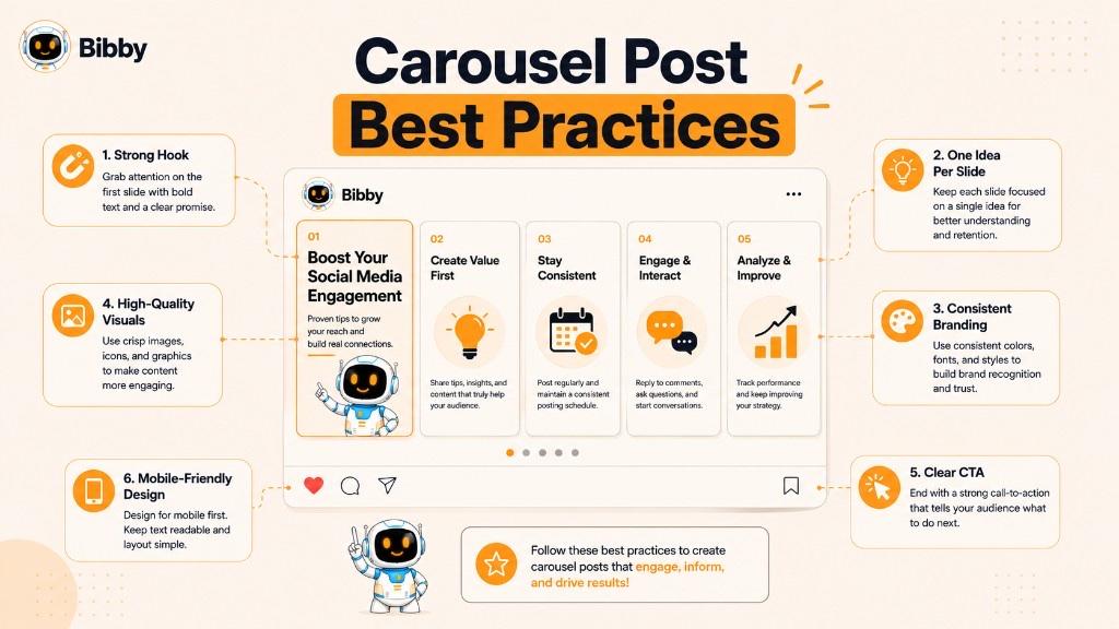 Infographic titled Carousel Post Best Practices with six tips: strong hook, one idea per slide, consistent branding, high-quality visuals, clear CTA, and mobile-friendly design around a five-slide carousel mockup.